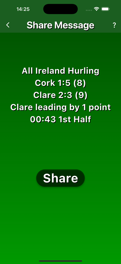 GAA Score - Share message screen in GAA Score app displaying live Hurling scores for Cork and Clare