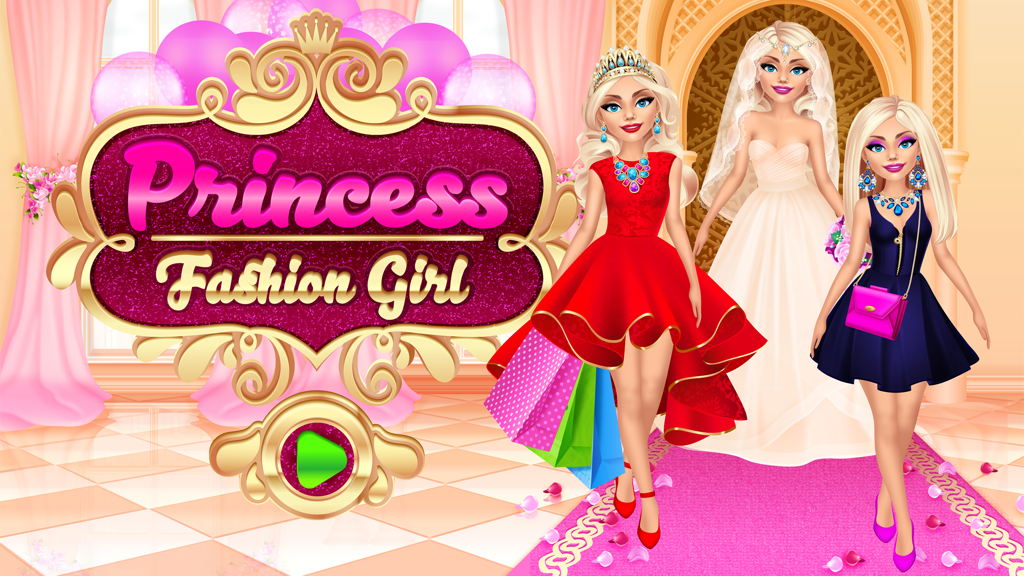 Pantalla del menú principal del juego Princess Fashion Girl con tres chicas con atuendos elegantes y un botón de reproducción