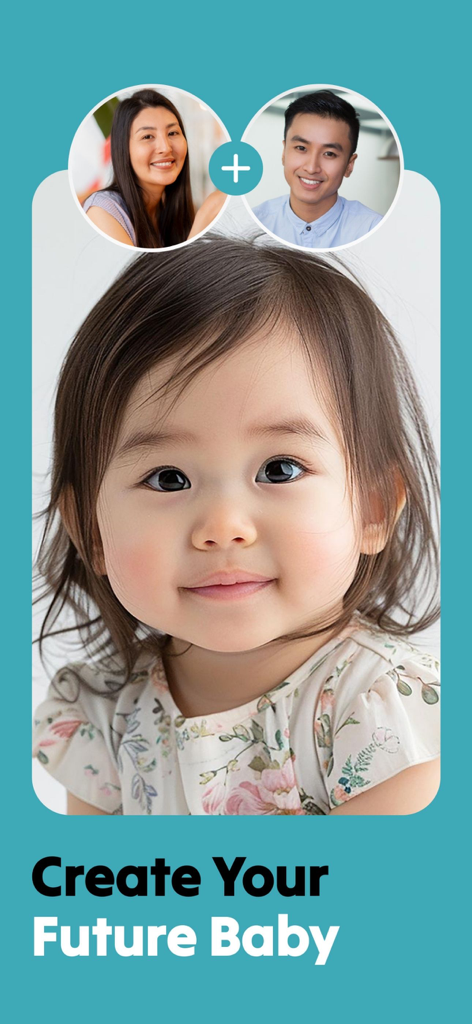 Predicción generada por IA de un futuro bebé basada en fotos de los padres en la interfaz de la aplicación BabyScan.