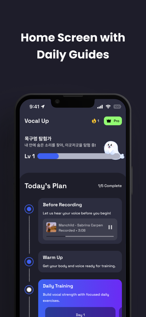 Home screen of the Vocal Up app featuring a daily vocal training plan and progress tracker.