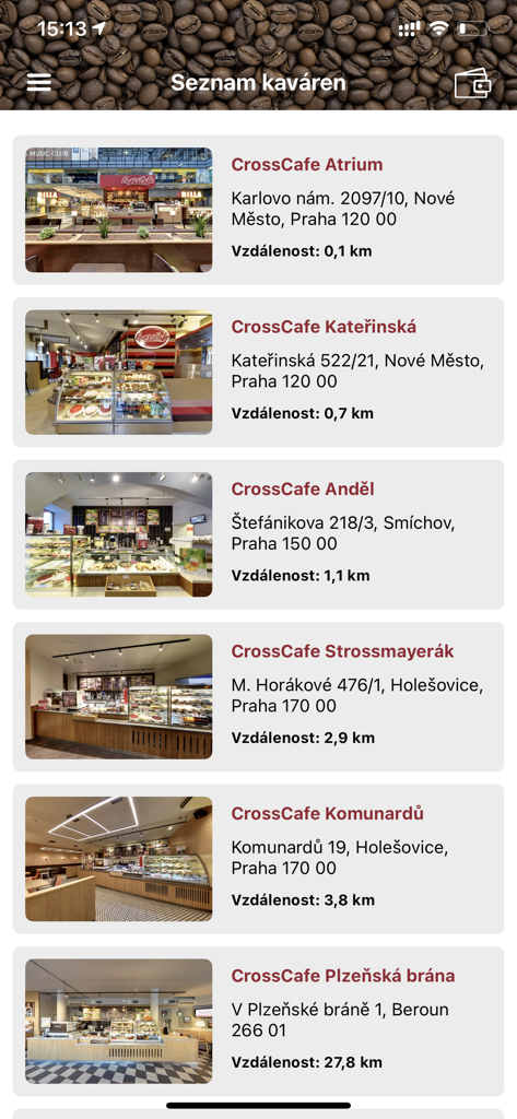 CrossCard - Liste der CrossCard App-Café-Standorte, die nahegelegene CrossCafe-Filialen mit Adressen und Entfernungen anzeigt