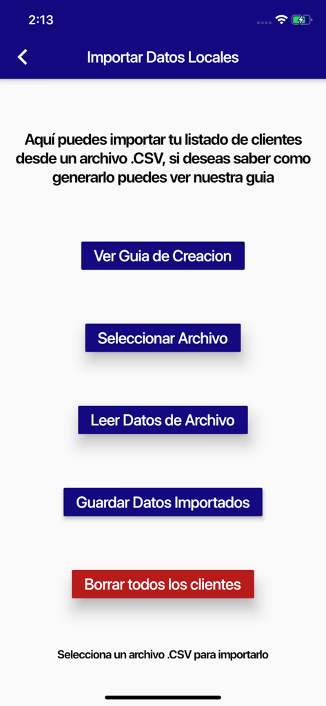 Local data import screen in the IPTV Control app for uploading client CSV files