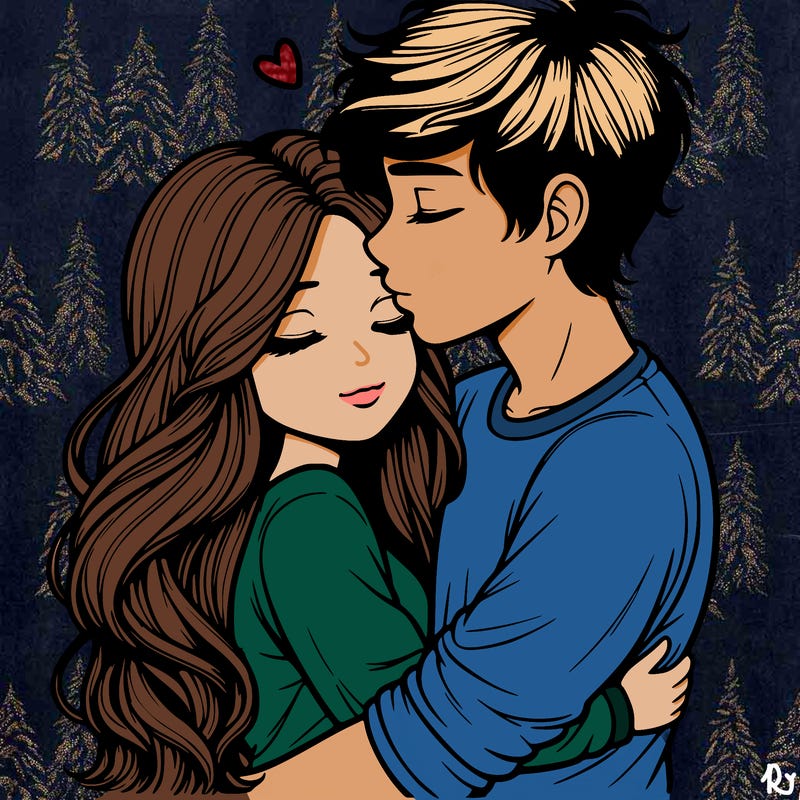 a realistic couple boy and girl hugging and kissing