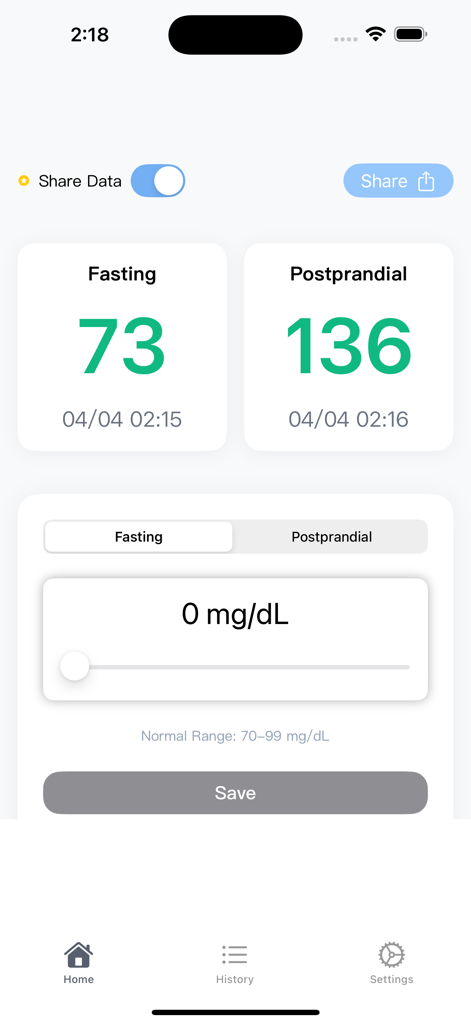 Interface of the Dr. Sugar app showing blood glucose tracking for fasting and postprandial levels with a slider for inputting data