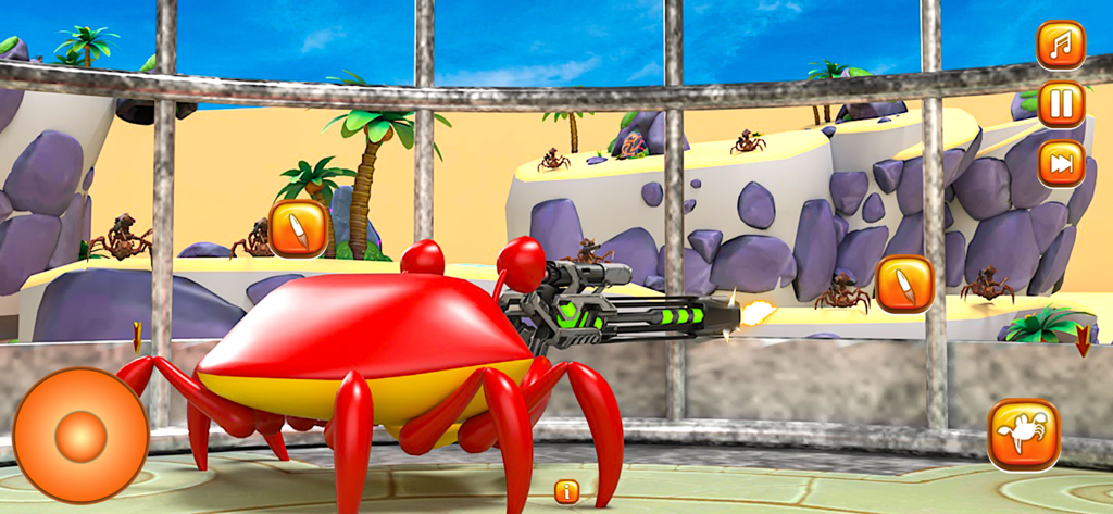 Crab Fight Gun Shooting Games - Un cangrejo rojo empuñando un gran arma y disparando a enemigos en una isla playera tropical.