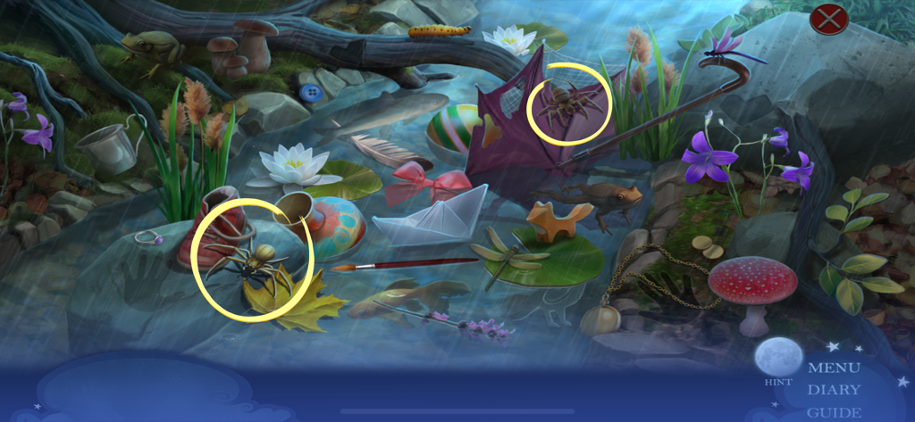 Eine detaillierte Wimmelbild-Puzzleszene in ReDrawn The Tower mit Objekten, die in der Nähe eines Bachs verstreut sind