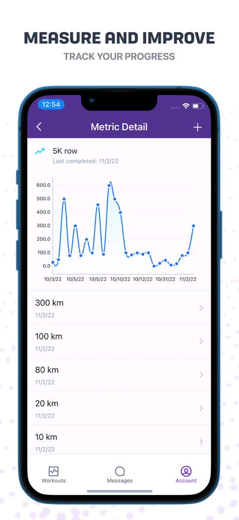 TrueCoach - TrueCoach app screen showing a line graph for tracking 5K row metrics and fitness progress.