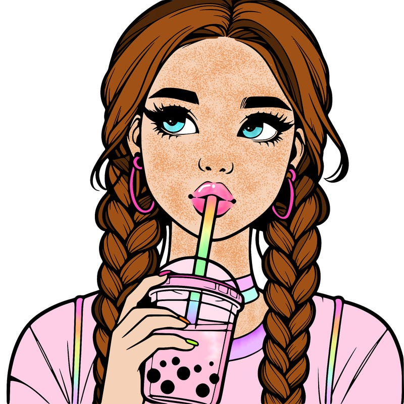 realistic girl with braided hair drinking boba