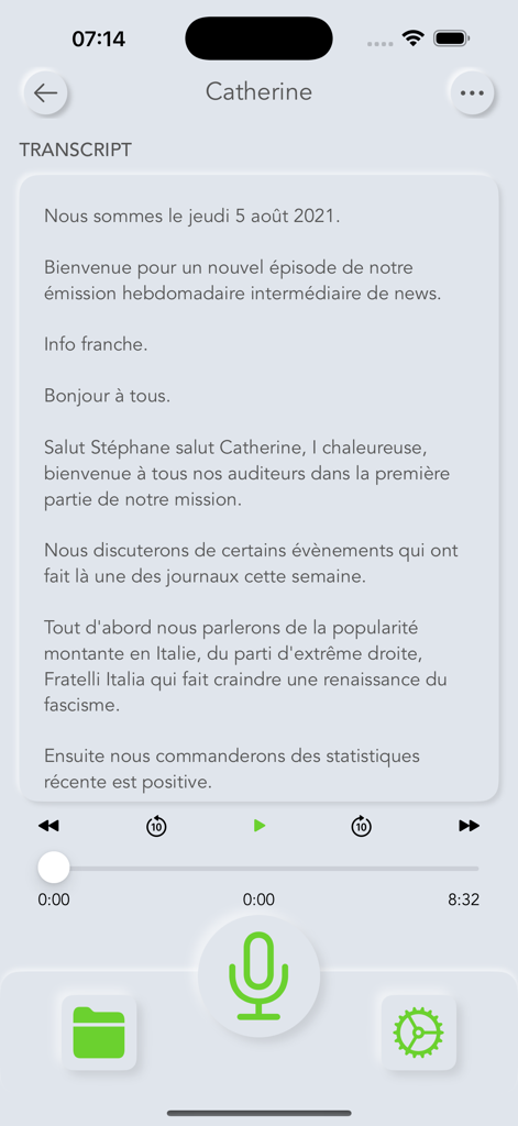 A screenshot of the Talk Notes app showing a transcribed text from a voice recording with playback controls and a large green microphone button