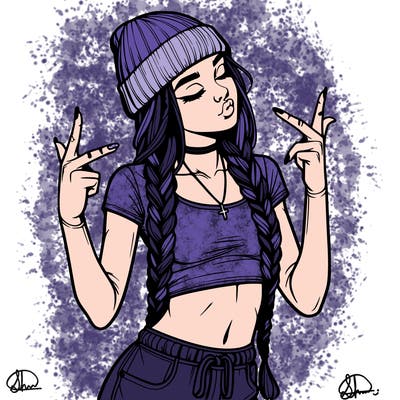 realistic teenage girl with braids and a beanie and crop top doing 🫶🏼