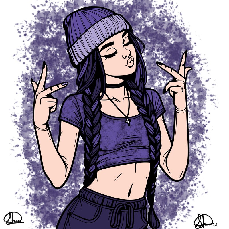realistic teenage girl with braids and a beanie and crop top doing 🫶🏼