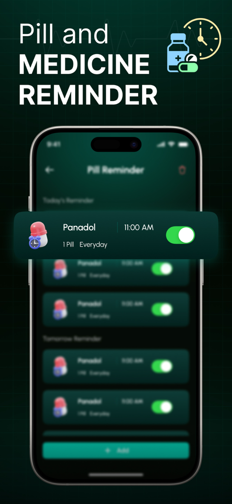 Blood Pressure & Heart Monitor - Interface for setting pill and medicine reminders in the Health Companion app