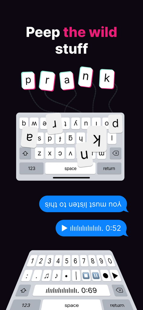 Fontkey - Fonts Keyboard Emoji - Captura de tela do app Fontkey mostrando texto de cabeça para baixo e teclados de símbolos criativos para mensagens
