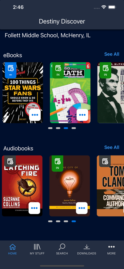 Destiny Discover - Mobile app interface for Destiny Discover displaying school library ebooks and audiobooks.