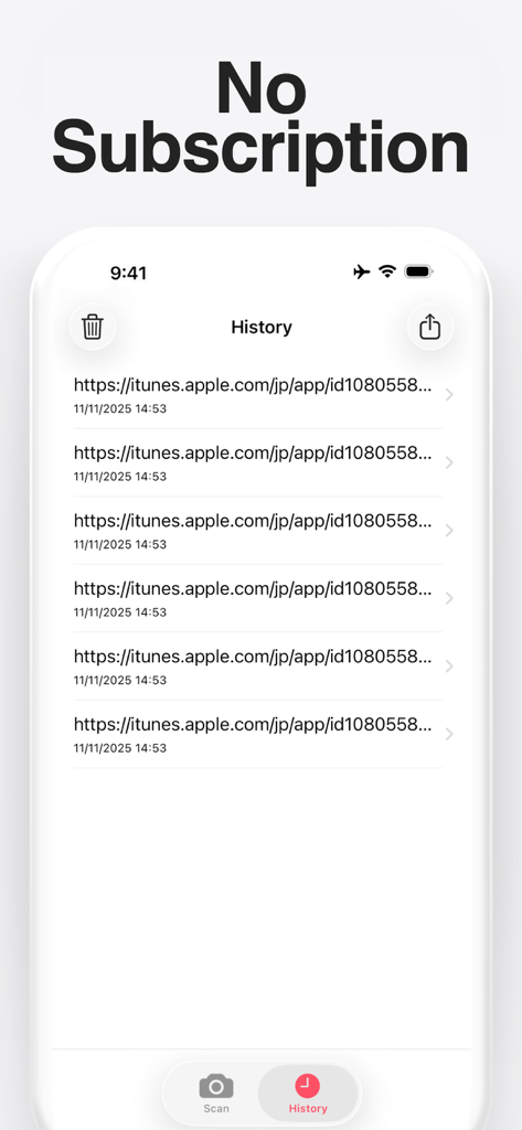 Interface showing the history log of scanned QR codes in the Quick Scan app with no subscription