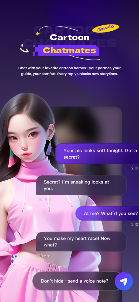 Anime Watching Apps - Elser.AI - A mobile app screen showing an interactive chat interface with an anime girl character.