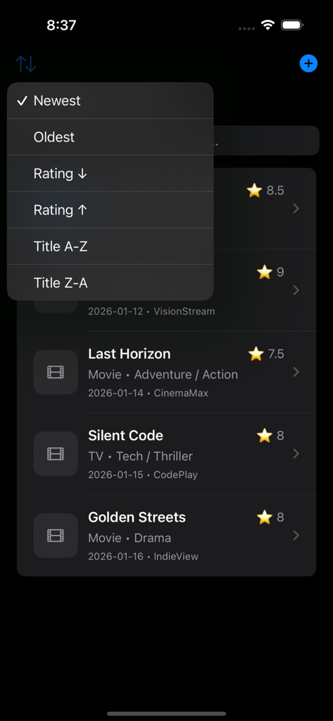 Movies Watch Logger - Movies Watch Logger app interface showing a list of rated movies with an open sorting menu