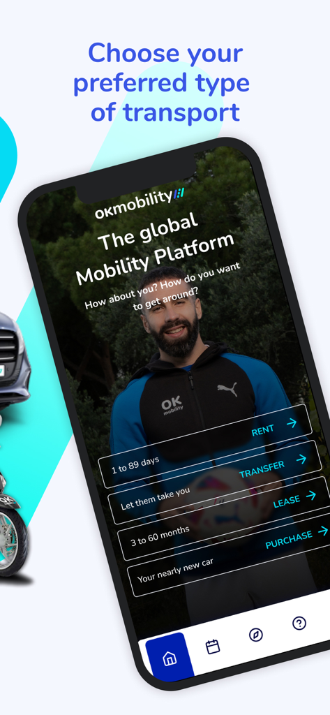 OK Mobility - Écran d'accueil de l'application OK Mobility montrant les options de location de voiture, de transfert, de leasing et d'achat
