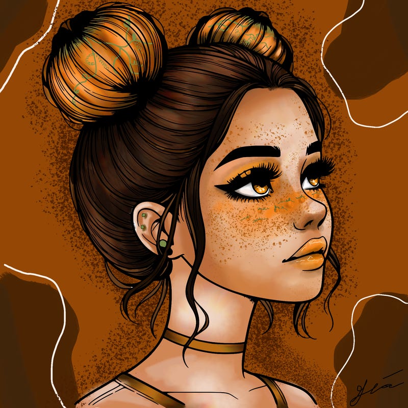 realistic girl with buns on the top of her head