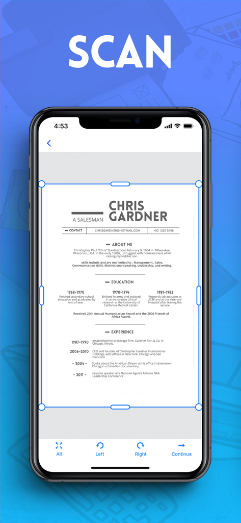 Scanner HD - PDF Scanner App - Application Scanner HD affichant une numérisation de document recadrée automatiquement d'un CV sur un smartphone
