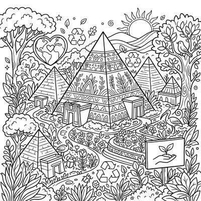 Journey to ancient Nubia and celebrate Earth Day with this intricate coloring page. Discover majestic pyramids surrounded by lush landscapes and powerful eco-friendly symbols, perfect for mindful coloring.