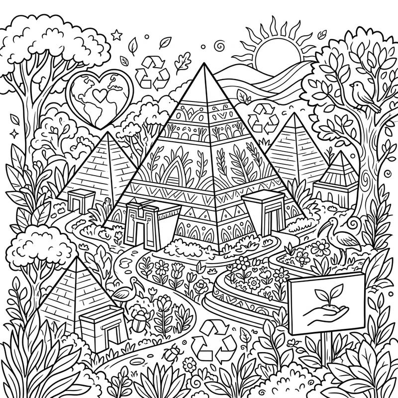 Journey to ancient Nubia and celebrate Earth Day with this intricate coloring page. Discover majestic pyramids surrounded by lush landscapes and powerful eco-friendly symbols, perfect for mindful coloring.