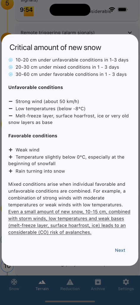 Nivocheck 1.0 - Nivocheck app screen displaying critical amount of new snow data and unfavorable versus favorable weather conditions for avalanche risk assessment