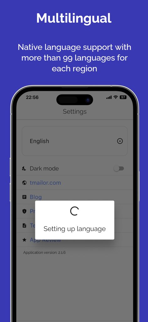 Écran des paramètres de l'application Temp Mail montrant le support natif dans plus de 99 langues.