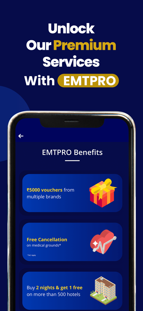 EaseMyTrip app screen showing EMTPRO premium benefits like gift vouchers medical cancellation and hotel deals