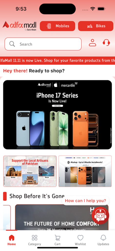 Homepage of the Alfamall mobile shopping app showing lifestyle products and electronics banners