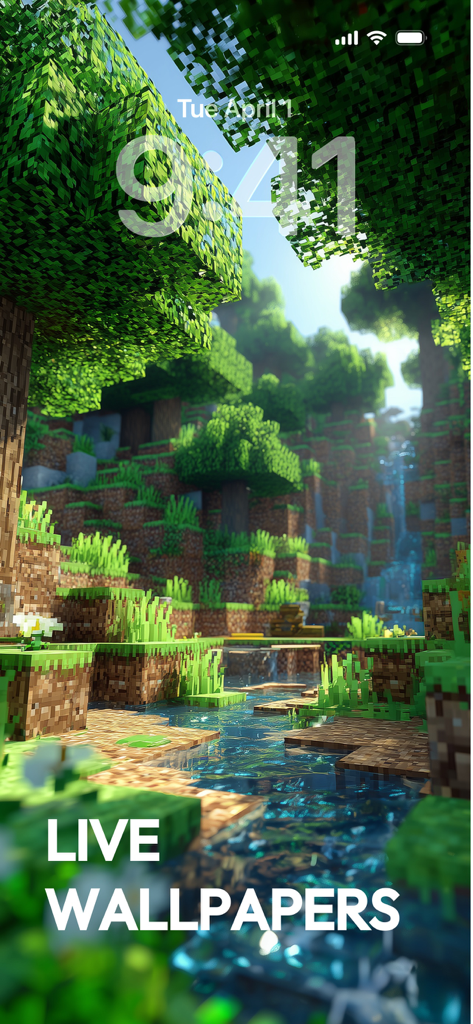 Wallpapers App for iPhone - iPhone lock screen featuring a high-quality voxel-style forest landscape as a live wallpaper.