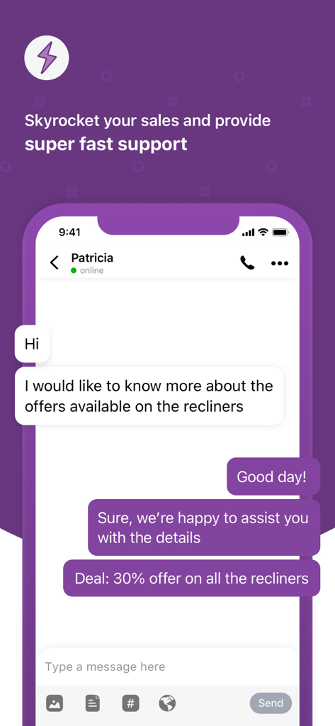 Zoho SalesIQ - Live Chat App - Captura de pantalla de la aplicación móvil de Zoho SalesIQ que muestra una conversación de chat en vivo con un cliente sobre una oferta de ventas