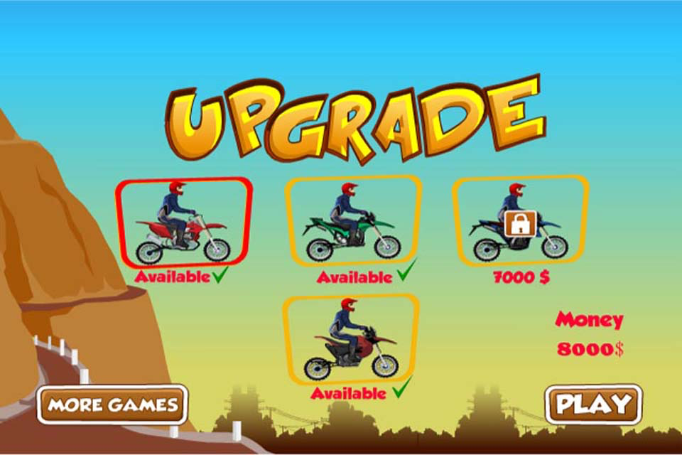 Motorcycle upgrade and selection screen in Down Hill Crazy Moto Racing game