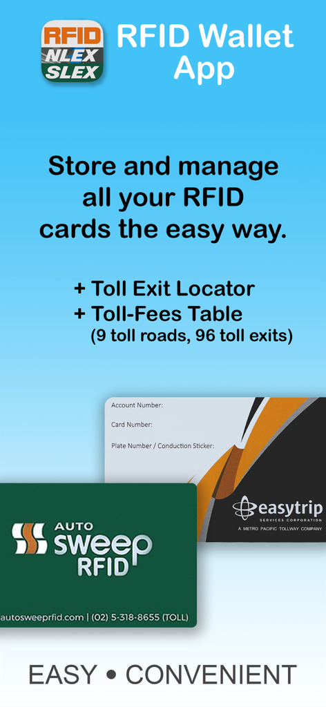 RFID Wallet EasyTrip AutoSweep - RFID Wallet app showing features for managing AutoSweep and EasyTrip toll cards