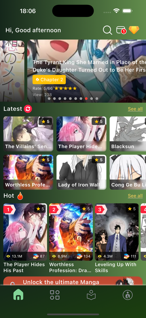 Manga Reader - Manga Nelo - Manga Nelo app interface showing trending manga and manhwa titles in Latest and Hot sections
