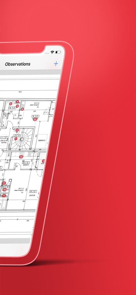 Archipad ™ - Archipad app interface showing numbered site observations on an architectural floor plan.