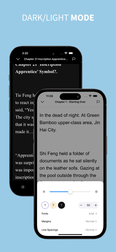 NovelFull app interface showing light and dark reading modes with customization settings for font size and theme