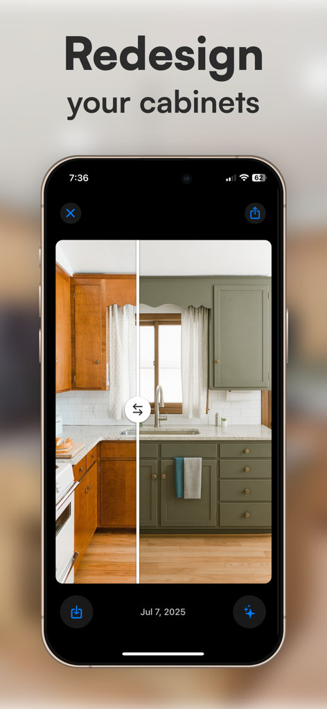 Roomly AI - Interior Design - Before and after comparison of kitchen cabinets redesigned using Roomly AI app