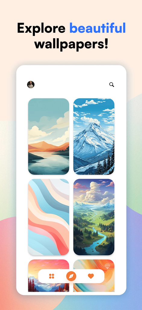 Lumina Wallpapers - Interfaz de la aplicación Fondos de Pantalla Lumina mostrando una cuadrícula de fondos de pantalla artísticos de paisajes y abstractos generados por IA