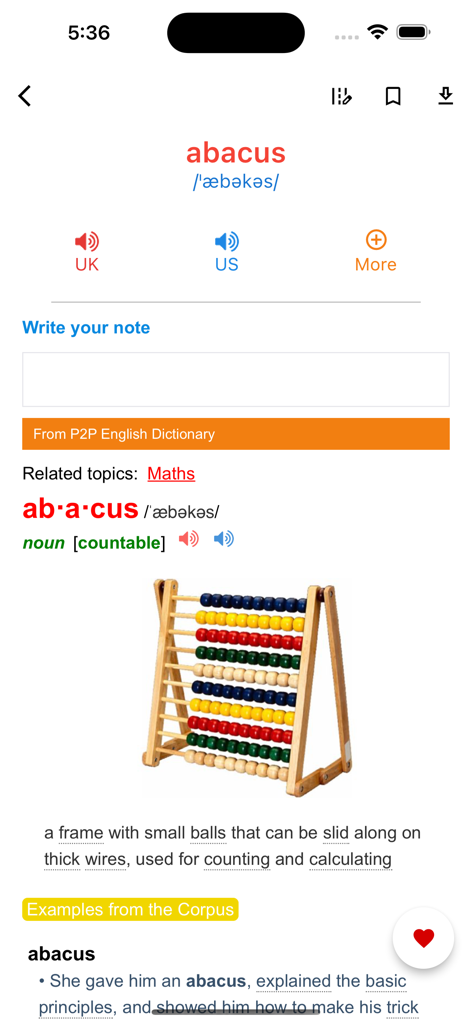 English Dictionary LDOCE PRO app screen showing the definition and image for the word abacus with UK and US audio options.
