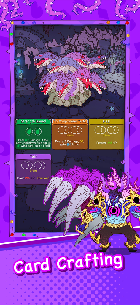 Dicey Elementalist - Dicey Elementalist card crafting interface featuring a multi-headed monster and elemental power cards