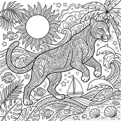 Embark on a creative journey with this stunning Zentangle puma coloring page, set against a lively summer vacation backdrop. Discover intricate patterns within the powerful puma and surrounding tropical elements, offering hours of relaxing fun.