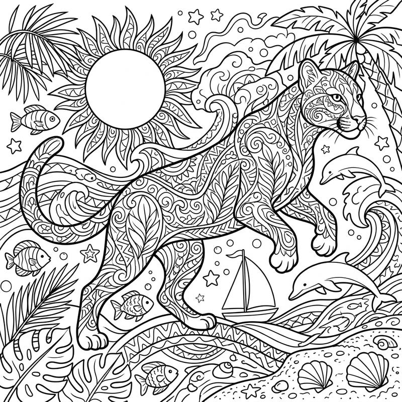 Embark on a creative journey with this stunning Zentangle puma coloring page, set against a lively summer vacation backdrop. Discover intricate patterns within the powerful puma and surrounding tropical elements, offering hours of relaxing fun.