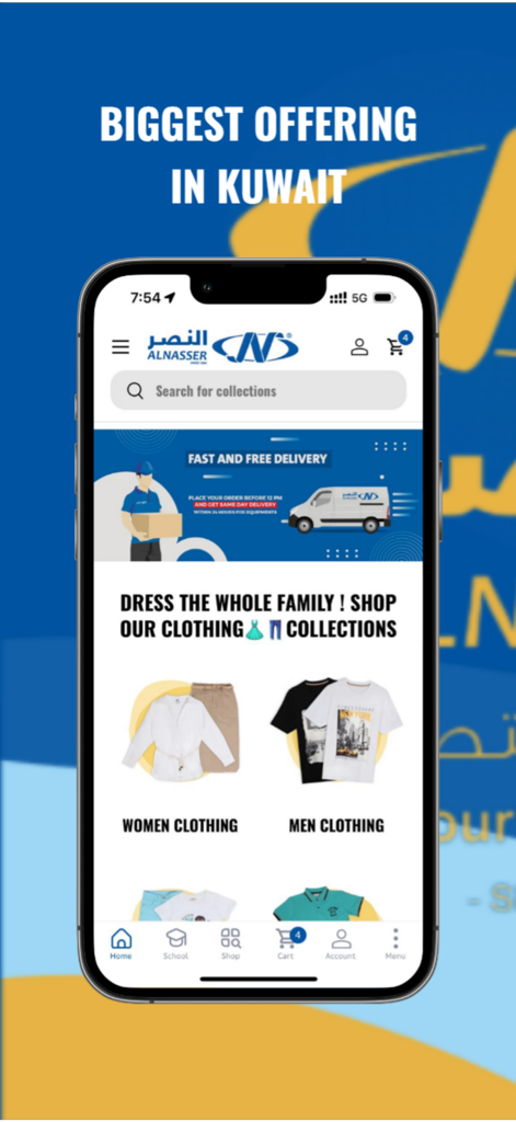 AlNasser ME - AlNasser ME mobile app home screen showing clothing collections for the whole family and free delivery options