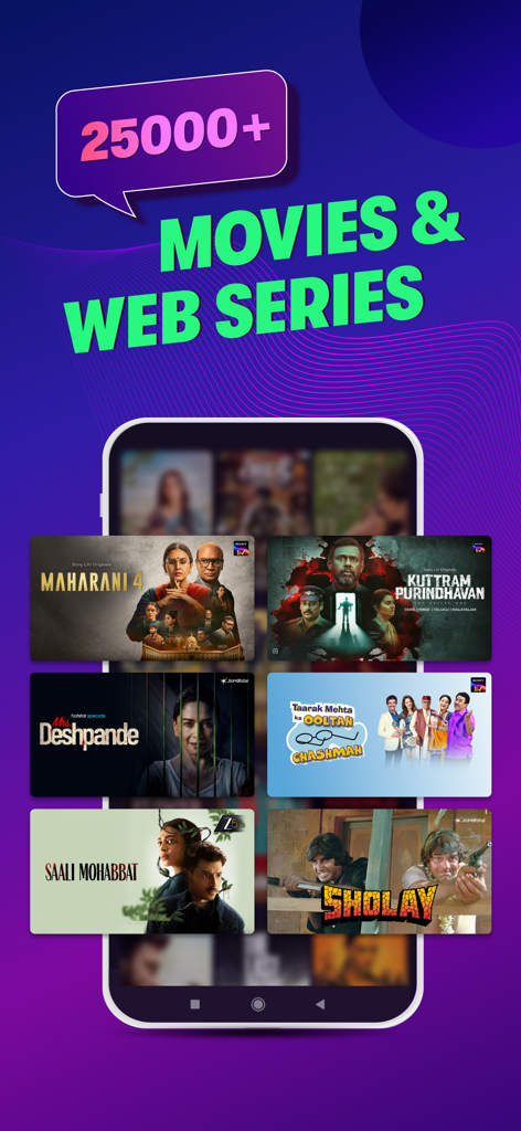 OTTplay - OTTplay app interface showing a library of over 25000 movies and web series with popular Indian titles