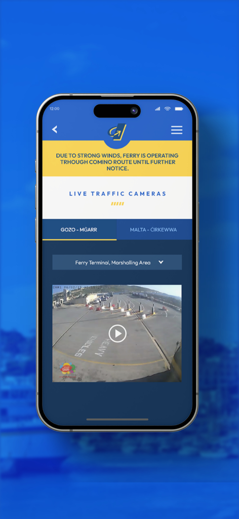 Gozo Channel app screen showing a live traffic camera feed of the ferry terminal and real-time route alerts