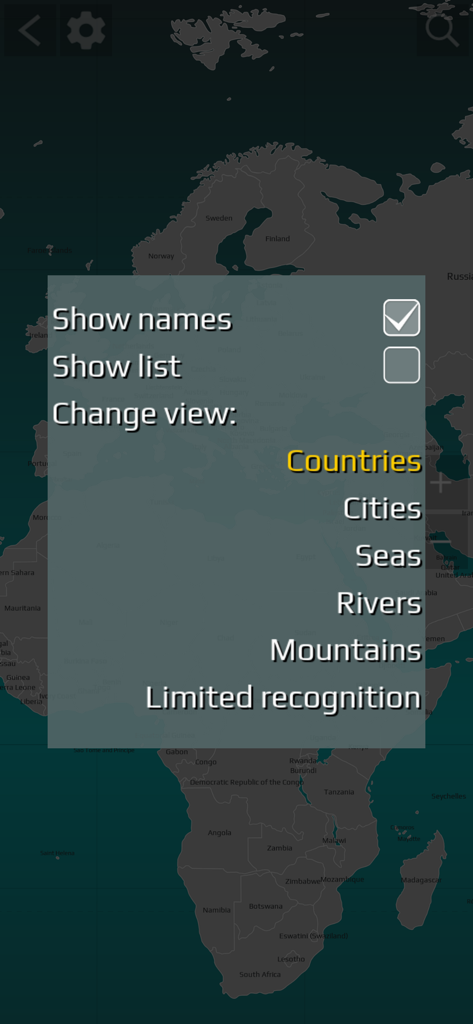 World Map Quiz (Qbis Studio) - World Map Quiz settings menu showing map view options for countries cities seas and rivers over a world map background