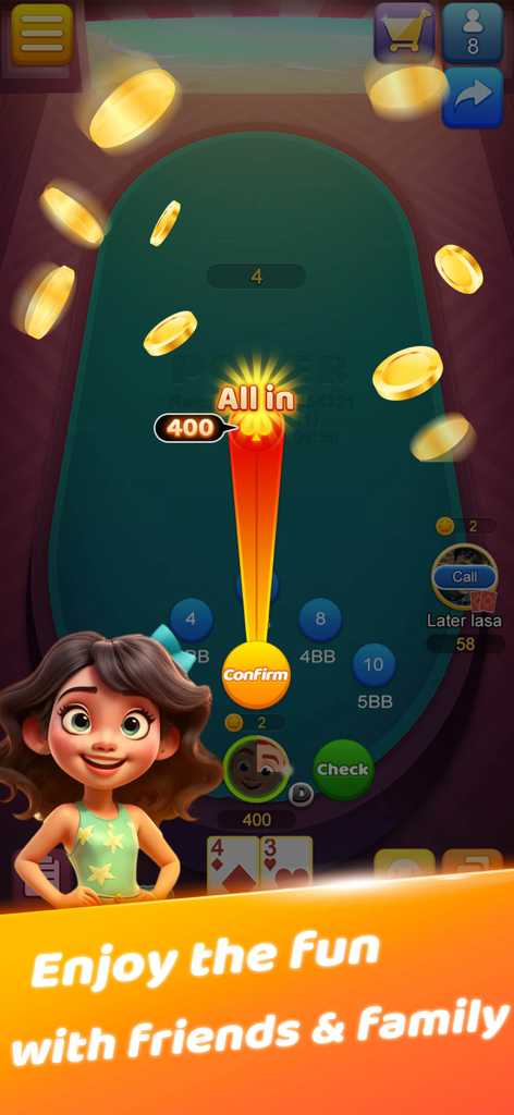 Tongits Lin - A vertical gameplay screen of the Tongits Lin app showing a poker table with an all in prompt and floating gold coins