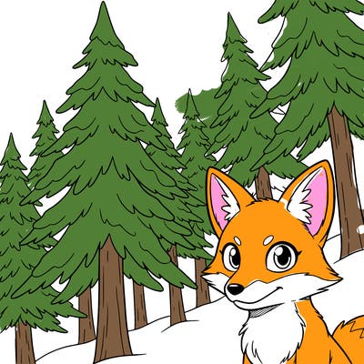 snowy forest with pine trees and a simple fox in the  corner