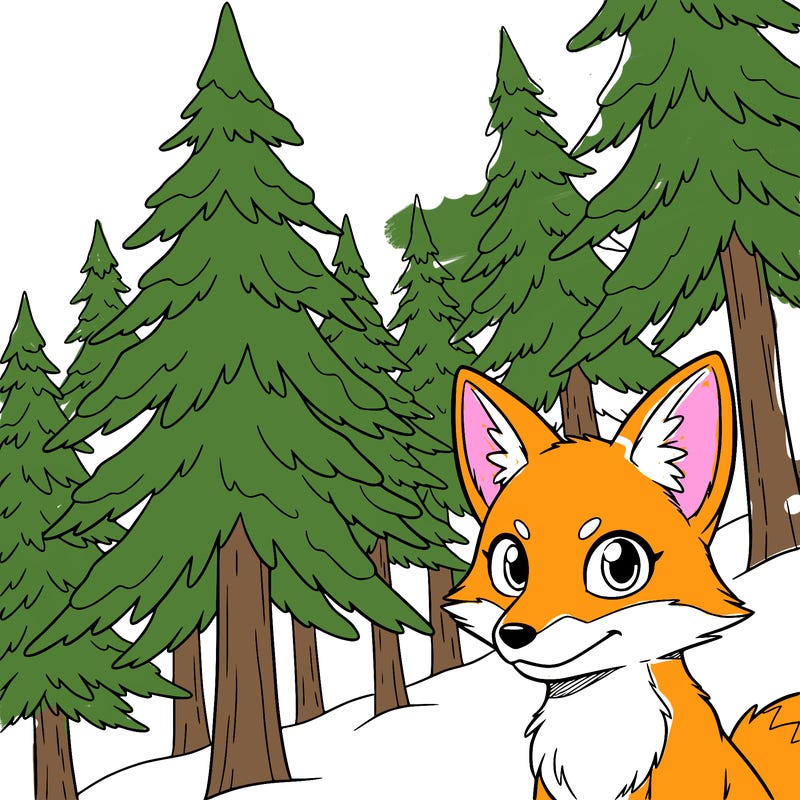 snowy forest with pine trees and a simple fox in the  corner